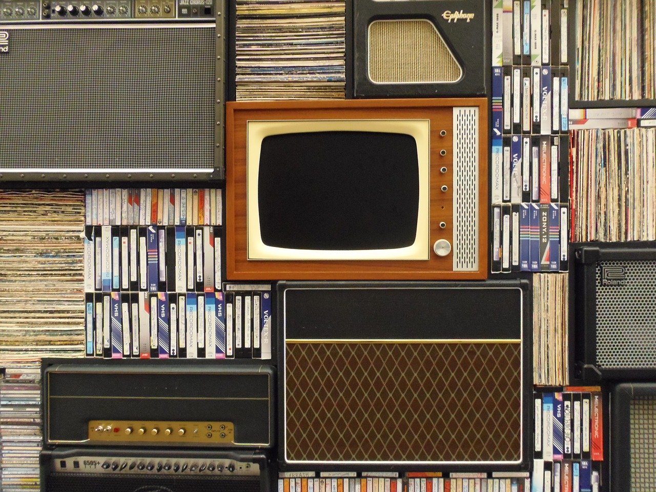old tv, records, vhs tapes